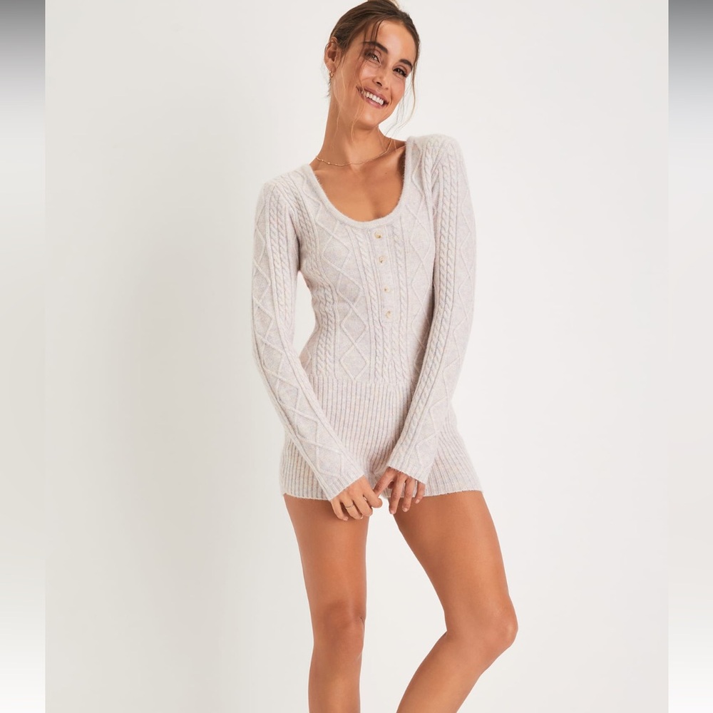 Lulus Cuddly Sentiments Blush Multi Marled Cable Knit Romper